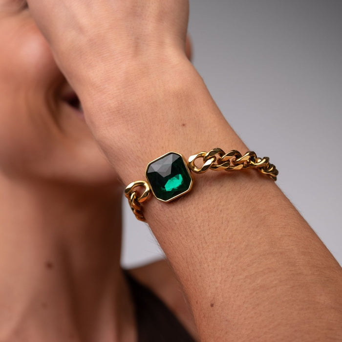 Women's Stainless Steel 18K Gold-Plated Crystal Bracelet – Rich Emerald Green Stone, Adjustable – Meiva bracelet view 2
