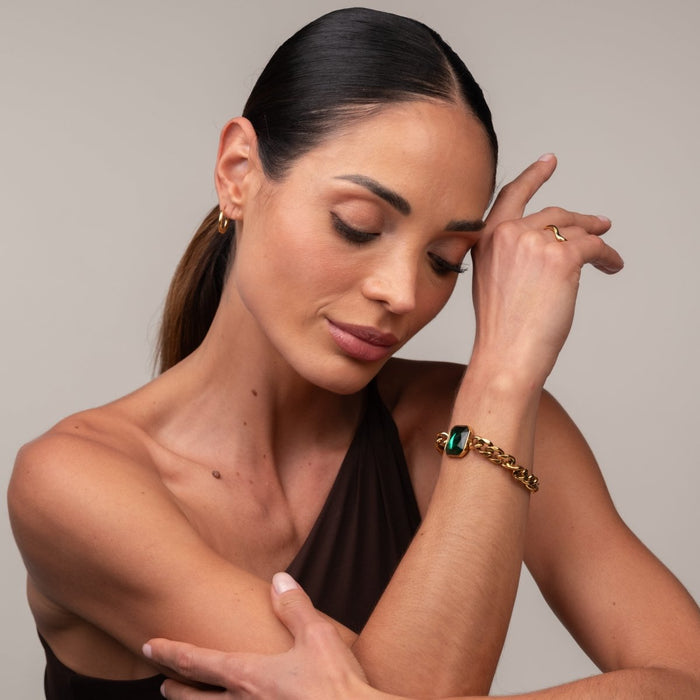 Women's Stainless Steel 18K Gold-Plated Crystal Bracelet – Rich Emerald Green Stone, Adjustable – Meiva bracelet view 4