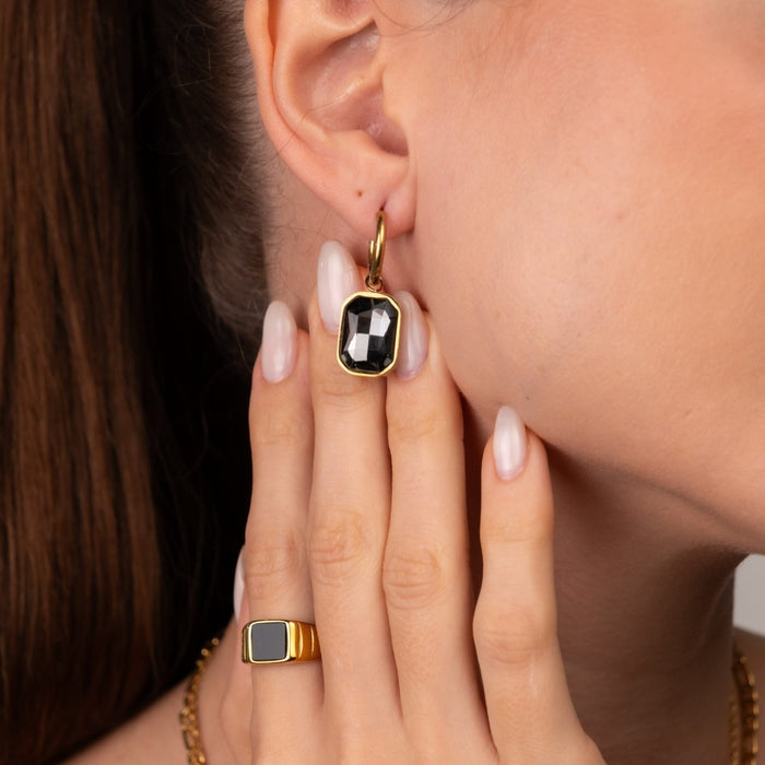 Women's Stainless Steel 18K Gold-Plated Crystal Earrings – Mini Hoop Black Small Hoop Earring – Meiva earrings view 5