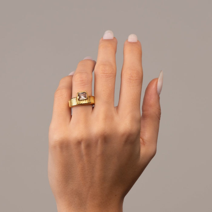 Women's Stainless Steel 18K Gold-Plated Crystal Ring – Capri – Meiva ring view 4