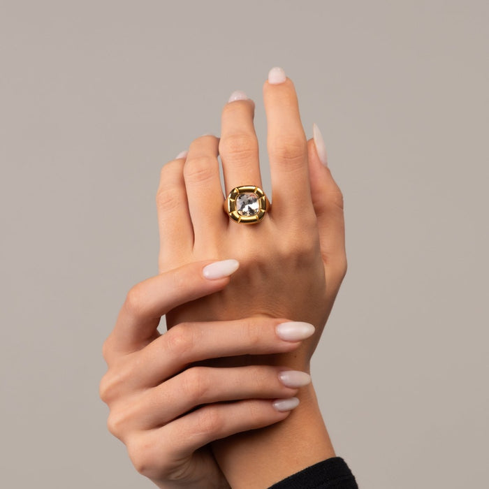 Women's Stainless Steel 18K Gold-Plated Crystal Ring – Dulcis Cocktail, Layered – Meiva ring view 3