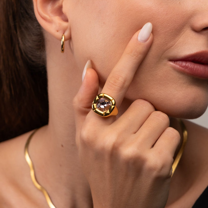 Women's Stainless Steel 18K Gold-Plated Crystal Ring – Dulcis Cocktail, Layered – Meiva ring view 6