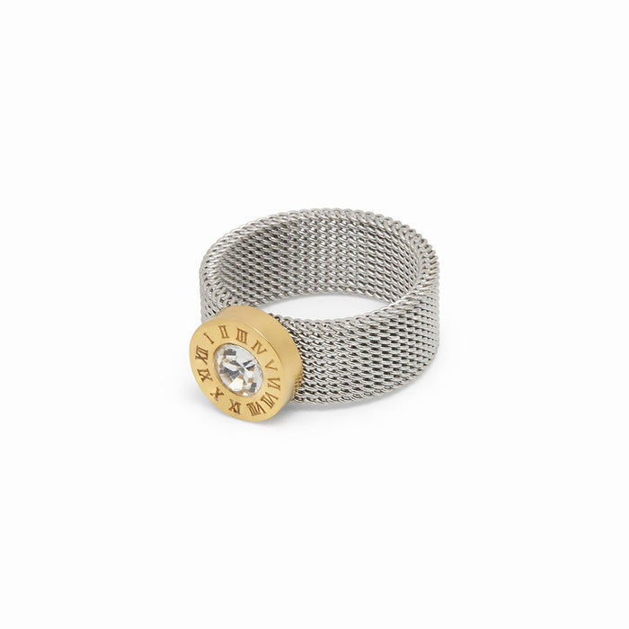 Women's Stainless Steel 18K Gold-Plated Crystal Ring – Roman Mesh Silver, Layered – Meiva ring