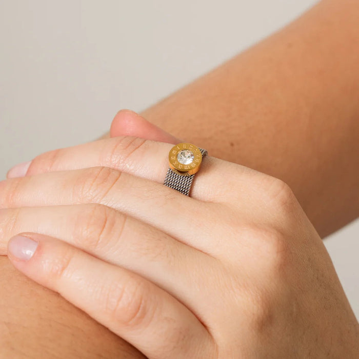 Women's Stainless Steel 18K Gold-Plated Crystal Ring – Roman Mesh Silver, Layered – Meiva ring view 2