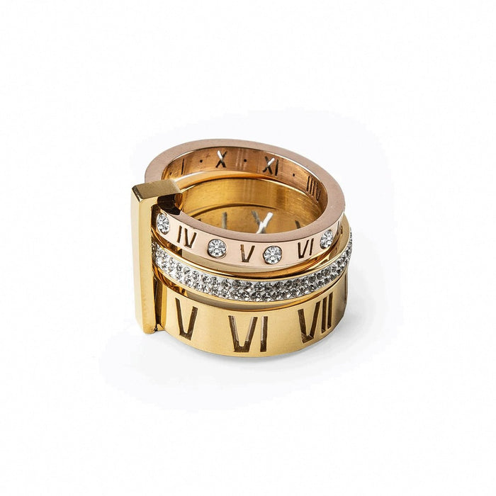 Women's Stainless Steel 18K Gold-Plated Crystal Ring – Triple Roman Numeral – Meiva ring