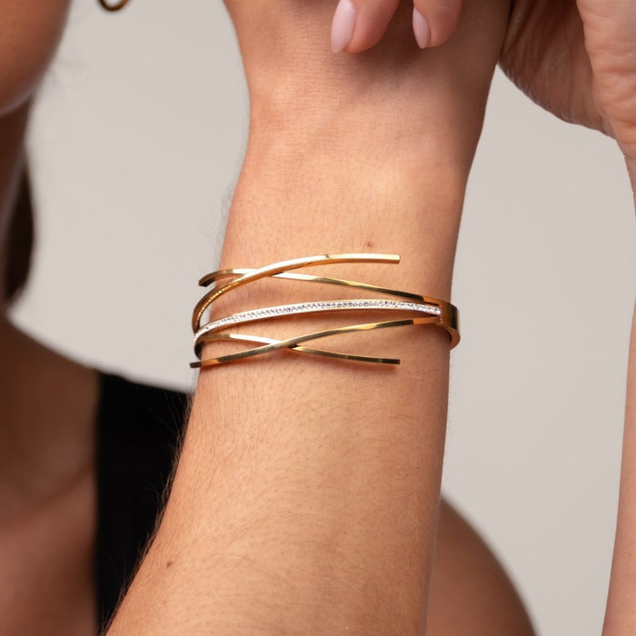 Women's Stainless Steel 18K Gold-Plated Cubic Zirconia Bracelet – Bangle Florence Cuff, Dainty – Meiva bracelet view 2