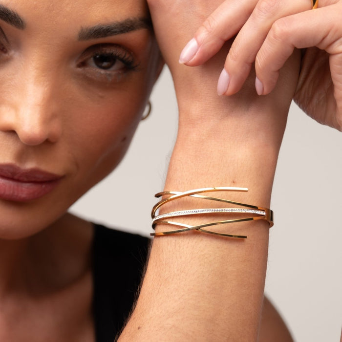Women's Stainless Steel 18K Gold-Plated Cubic Zirconia Bracelet – Bangle Florence Cuff, Dainty – Meiva bracelet view 3