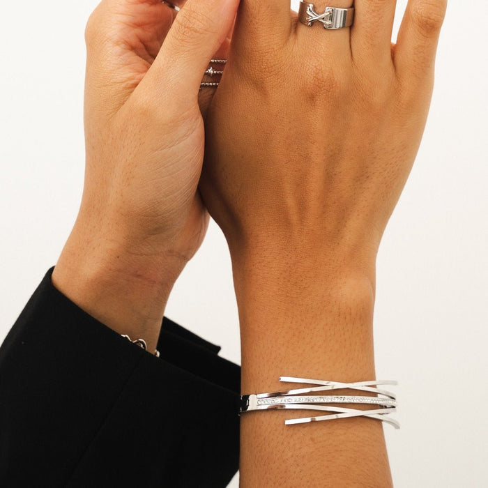 Women's Stainless Steel 18K Gold-Plated Cubic Zirconia Bracelet – Bangle Florence Cuff Silver, Dainty – Meiva bracelet view 5