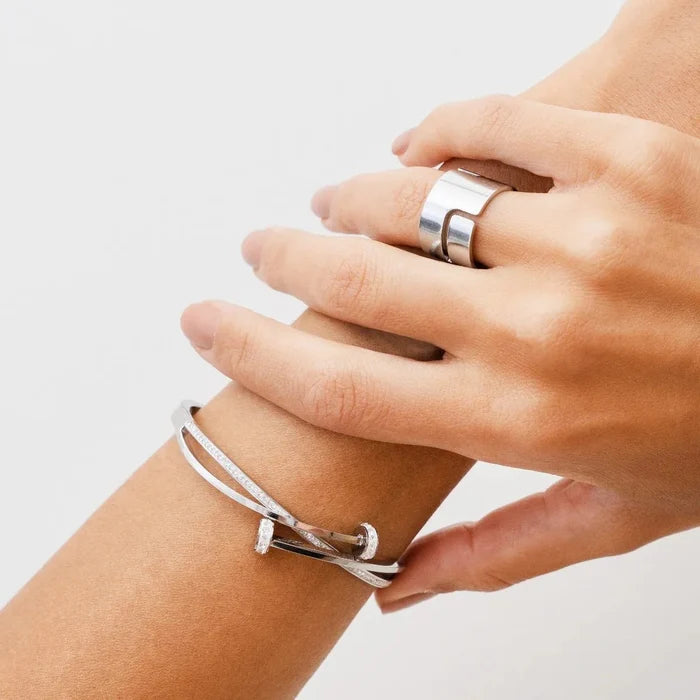Women's Stainless Steel 18K Gold-Plated Cubic Zirconia Bracelet – Bangle Nail Cuff Silver, Statement – Meiva bracelet view 2