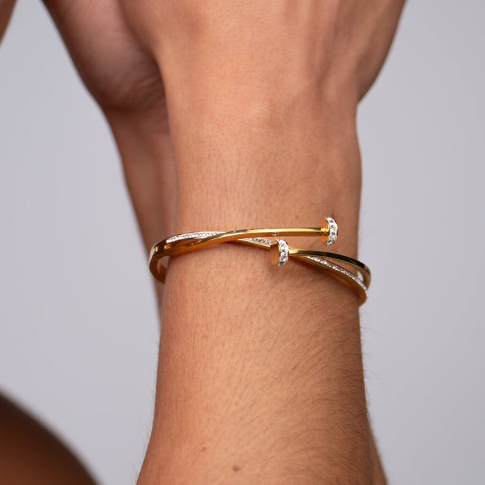 Women's Stainless Steel 18K Gold-Plated Cubic Zirconia Bracelet – Bangle Nail Cuff – Meiva bracelet view 2