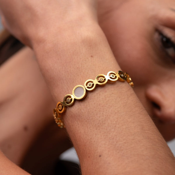 Women's Stainless Steel 18K Gold-Plated Cubic Zirconia Bracelet – Bangle Olivia Stone Cuff, Dainty – Meiva bracelet view 3