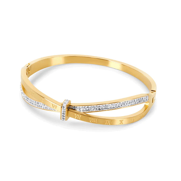 Women's Stainless Steel 18K Gold-Plated Cubic Zirconia Bracelet – Bangle Roman Cuff, Dainty – Meiva bracelet