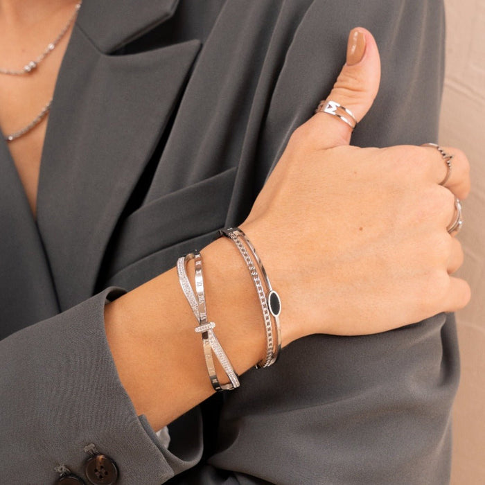 Women's Stainless Steel 18K Gold-Plated Cubic Zirconia Bracelet – Bangle Roman Cuff Silver – Meiva bracelet view 2