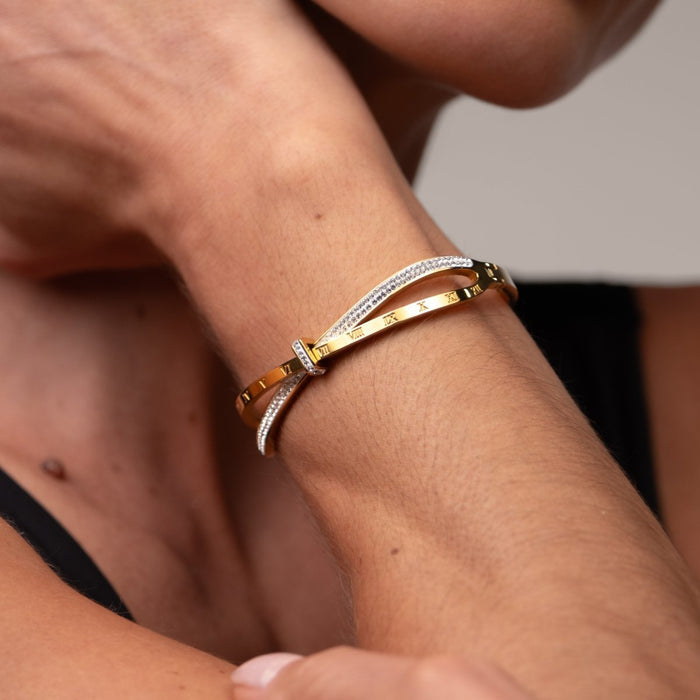 Women's Stainless Steel 18K Gold-Plated Cubic Zirconia Bracelet – Bangle Roman Cuff, Dainty – Meiva bracelet view 2
