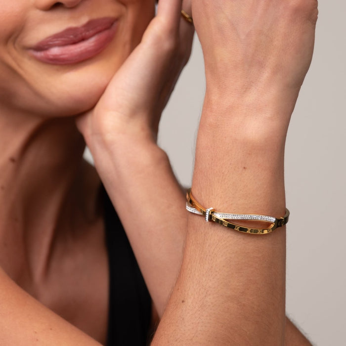 Women's Stainless Steel 18K Gold-Plated Cubic Zirconia Bracelet – Bangle Roman Cuff, Dainty – Meiva bracelet view 3