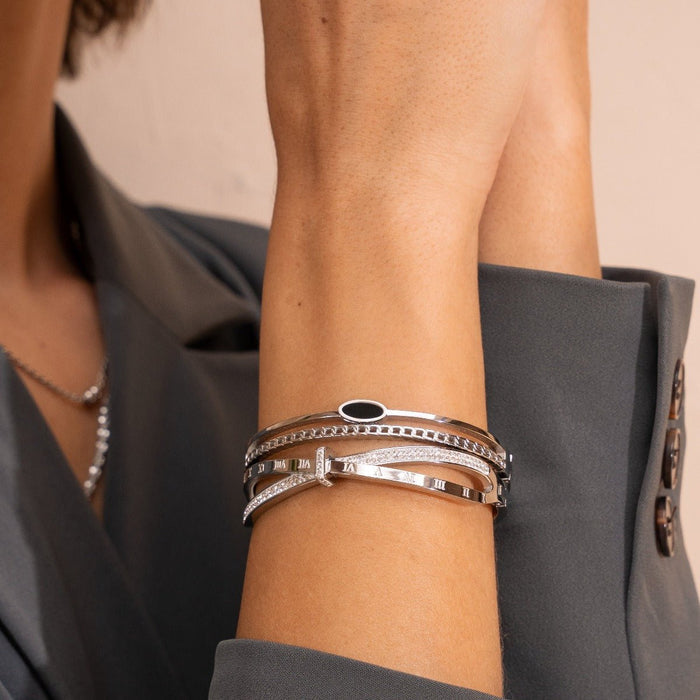 Women's Stainless Steel 18K Gold-Plated Cubic Zirconia Bracelet – Bangle Roman Cuff Silver – Meiva bracelet view 4