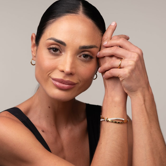 Women's Stainless Steel 18K Gold-Plated Cubic Zirconia Bracelet – Bangle Roman Cuff, Dainty – Meiva bracelet view 4