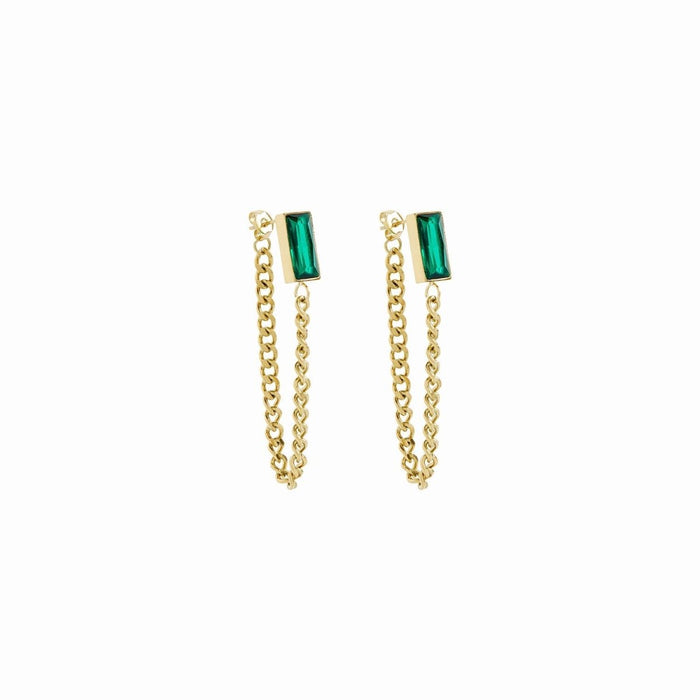 Women's Stainless Steel 18K Gold-Plated Cubic Zirconia Earrings – Elisabeth Chain with Emerald, Dainty – Meiva earrings
