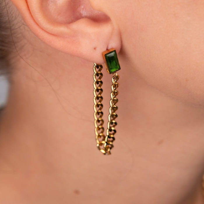 Women's Stainless Steel 18K Gold-Plated Cubic Zirconia Earrings – Elisabeth Chain with Emerald, Dainty – Meiva earrings view 2