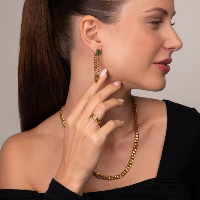 Women's Stainless Steel 18K Gold-Plated Cubic Zirconia Earrings – Elisabeth Chain with Emerald, Dainty – Meiva earrings view 5