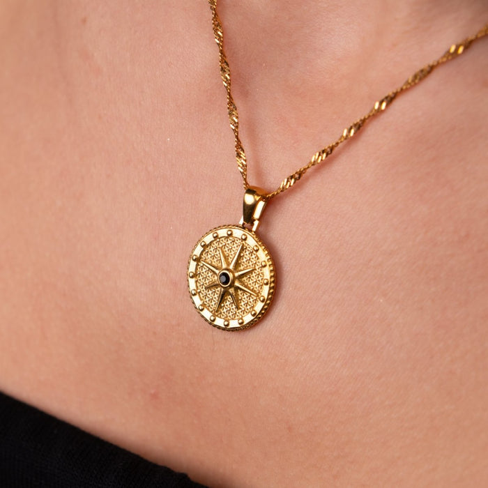 Women's Stainless Steel 18K Gold-Plated Cubic Zirconia Necklace – Compass Rose Star, Layered – Meiva necklace view 2