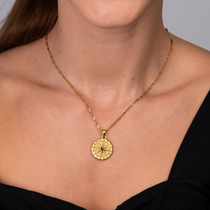 Women's Stainless Steel 18K Gold-Plated Cubic Zirconia Necklace – Compass Rose Star, Layered – Meiva necklace view 3
