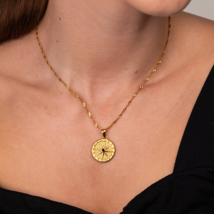 Women's Stainless Steel 18K Gold-Plated Cubic Zirconia Necklace – Compass Rose Star, Layered – Meiva necklace view 4