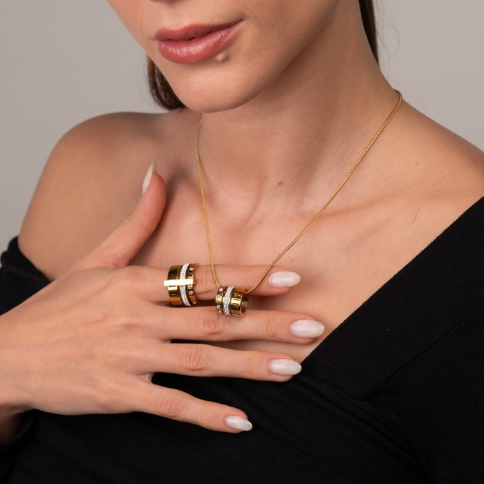 Women's Stainless Steel 18K Gold-Plated Cubic Zirconia Ring – Necklace Triple Roman Numeral, Statement – Meiva ring view 3