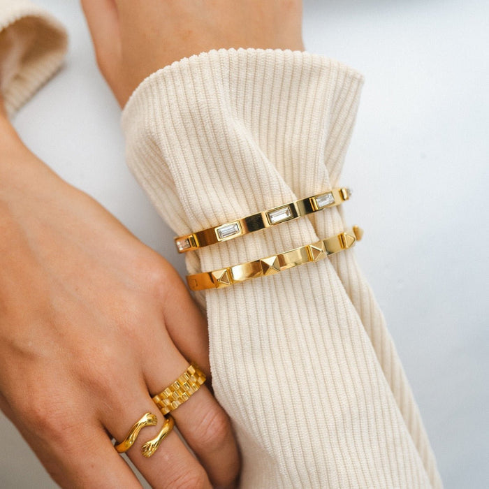 Women's Stainless Steel 18K Gold-Plated Earrings – Bangle Studded Cuff Bracelet, Statement – Meiva earrings view 2
