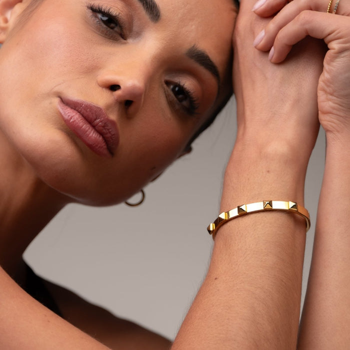 Women's Stainless Steel 18K Gold-Plated Earrings – Bangle Studded Cuff Bracelet, Statement – Meiva earrings view 3