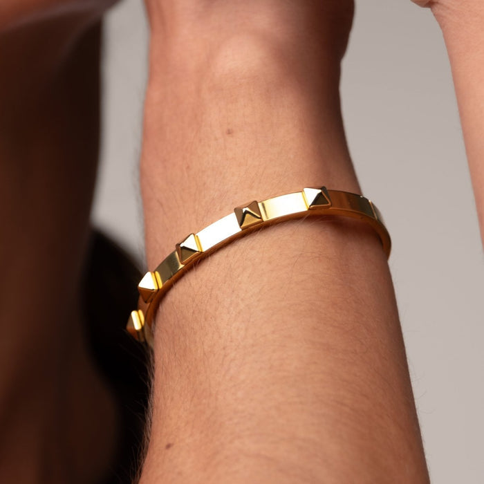 Women's Stainless Steel 18K Gold-Plated Earrings – Bangle Studded Cuff Bracelet, Statement – Meiva earrings view 5