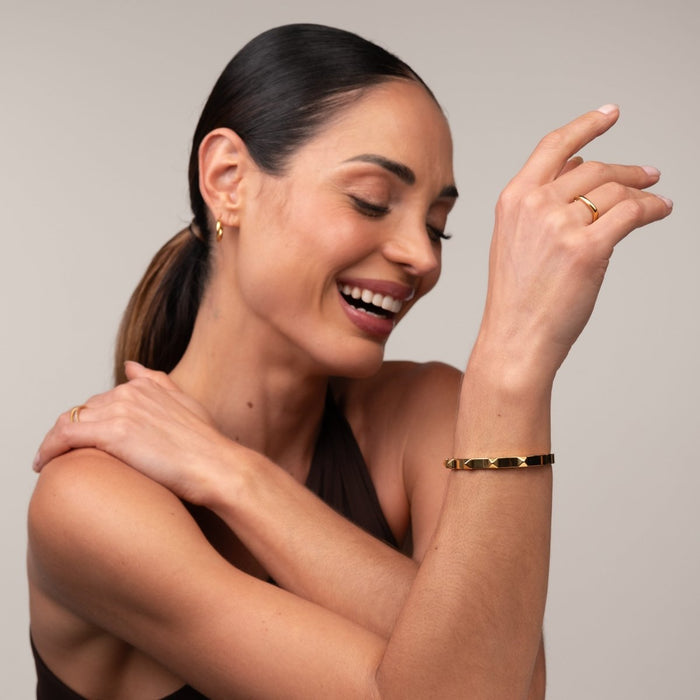 Women's Stainless Steel 18K Gold-Plated Earrings – Bangle Studded Cuff Bracelet, Statement – Meiva earrings view 6