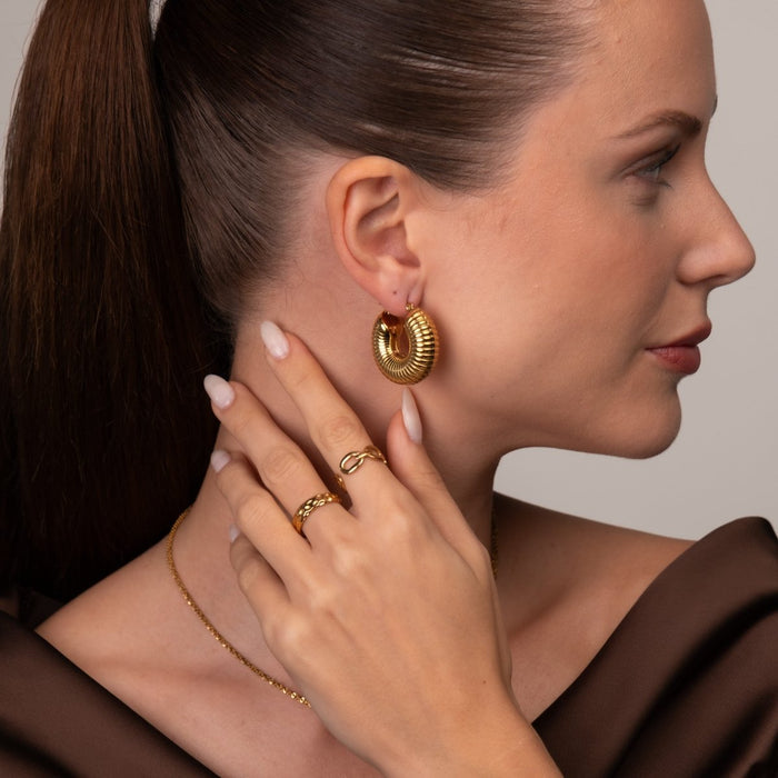 Women's Stainless Steel 18K Gold-Plated Earrings – Bold Ziza Hoop, Statement – Meiva earrings view 3