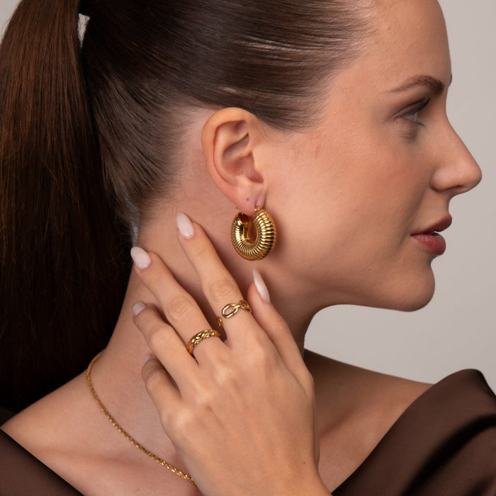 Women's Stainless Steel 18K Gold-Plated Earrings – Bold Ziza Hoop, Statement – Meiva earrings view 4
