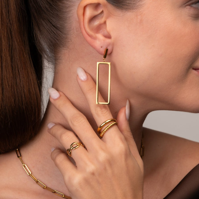 Women's Stainless Steel 18K Gold-Plated Earrings – Diana Geometric Rectangular – Meiva earrings view 3