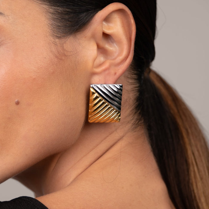 Women's Stainless Steel 18K Gold-Plated Earrings – Dual Square Two-Tone Gold and Silver, Statement – Meiva earrings view 2