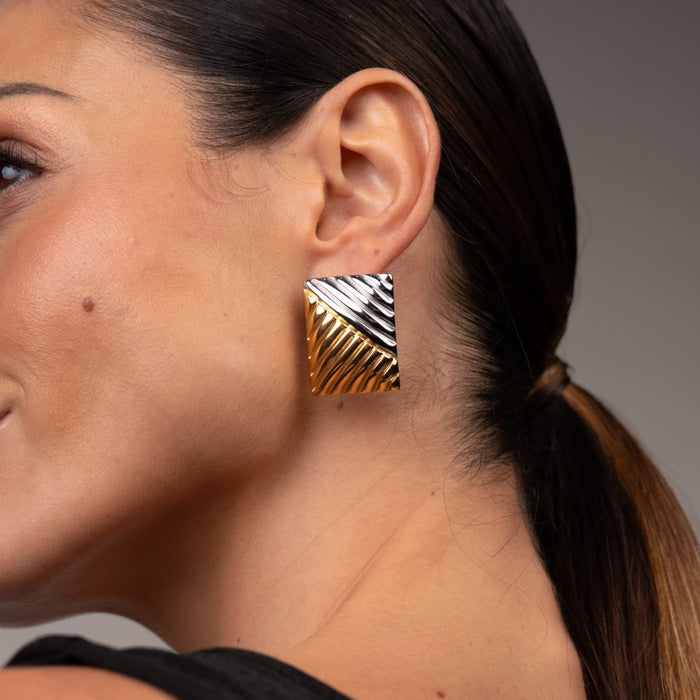 Women's Stainless Steel 18K Gold-Plated Earrings – Dual Square Two-Tone Gold and Silver, Statement – Meiva earrings view 3