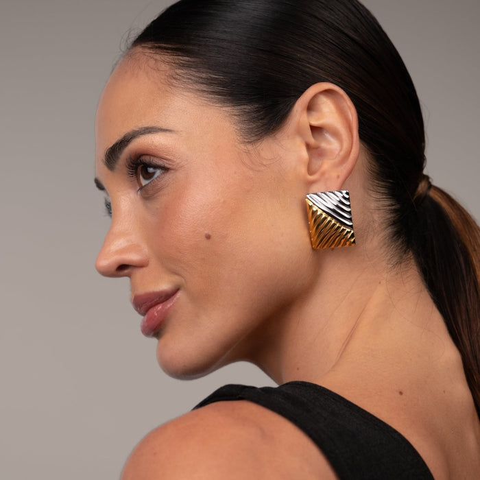 Women's Stainless Steel 18K Gold-Plated Earrings – Dual Square Two-Tone Gold and Silver, Statement – Meiva earrings view 4