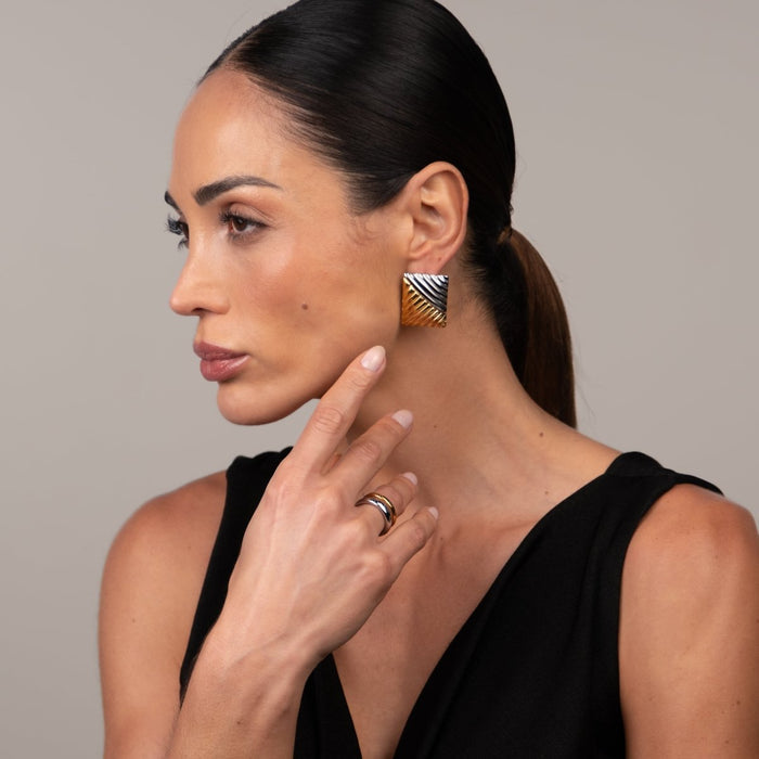Women's Stainless Steel 18K Gold-Plated Earrings – Dual Square Two-Tone Gold and Silver, Statement – Meiva earrings view 5