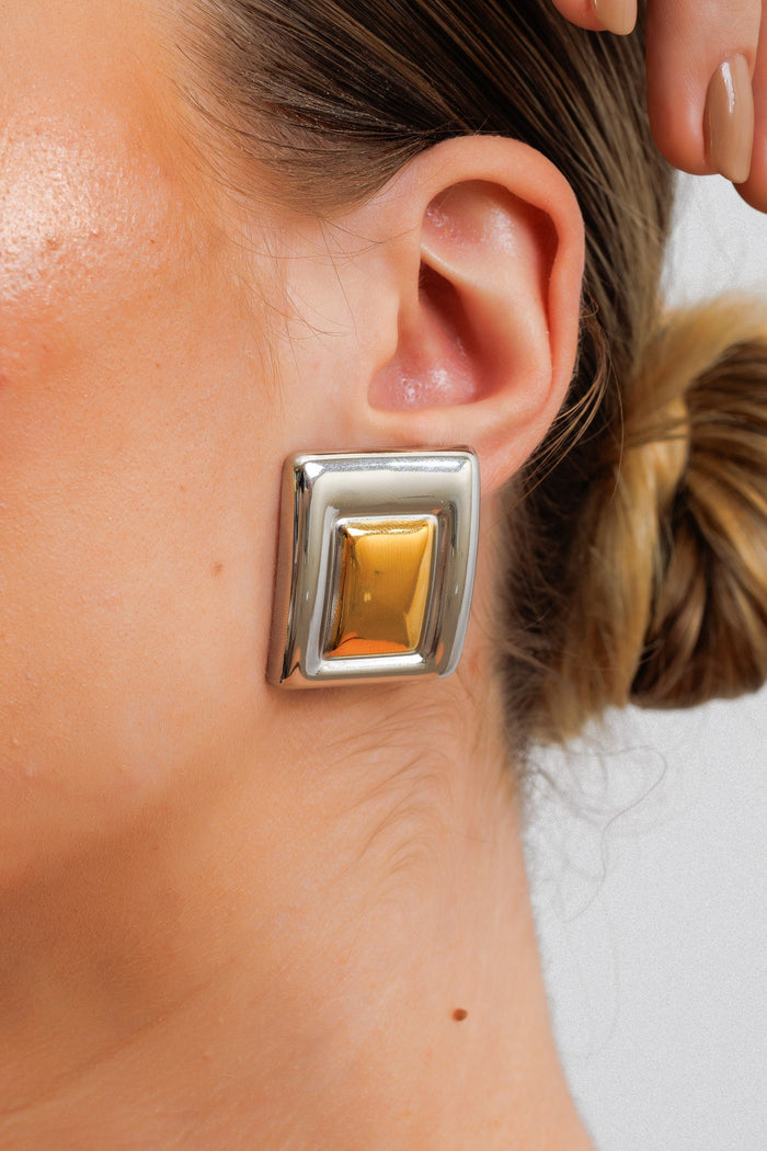 Women's Stainless Steel 18K Gold-Plated Earrings – Geometric Two-Tone Gold and Silver, Dainty – Meiva earrings view 2