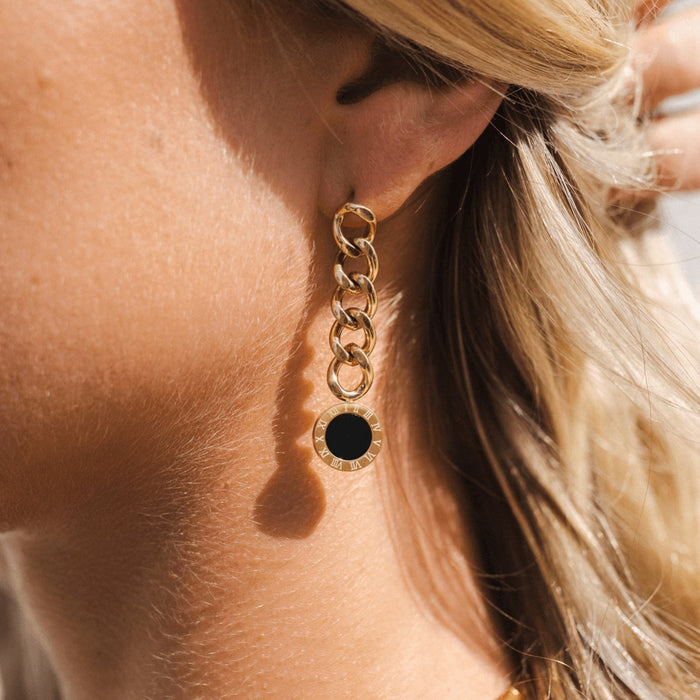 Women's Stainless Steel 18K Gold-Plated Earrings – Glamour Chain with Onyx Stone – Meiva earrings view 2