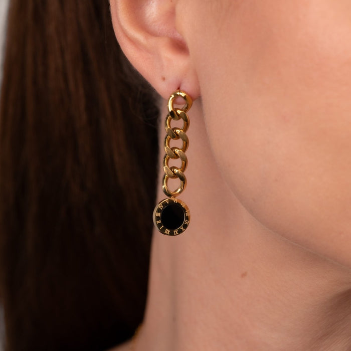 Women's Stainless Steel 18K Gold-Plated Earrings – Glamour Chain with Onyx Stone – Meiva earrings view 3