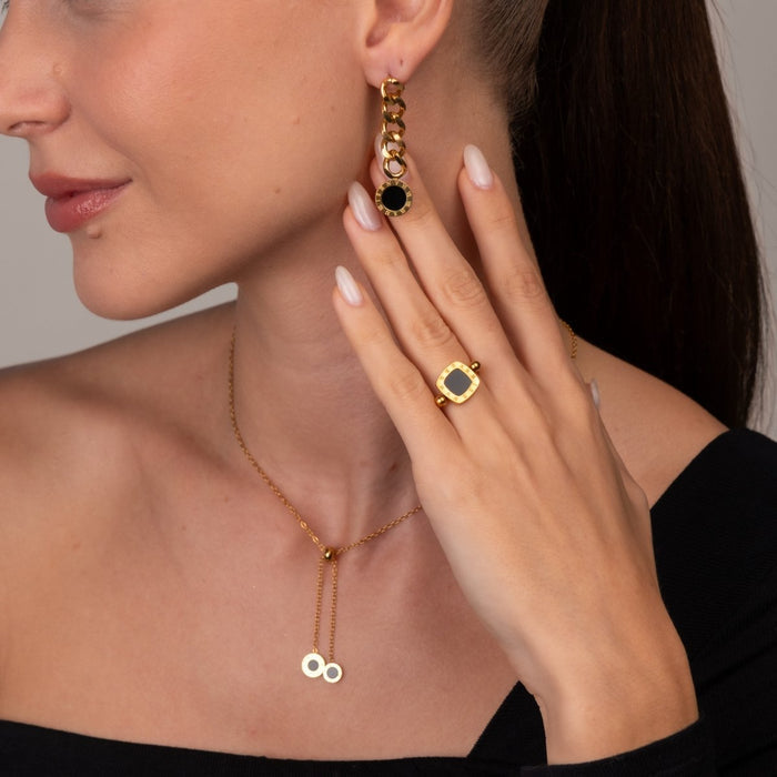 Women's Stainless Steel 18K Gold-Plated Earrings – Glamour Chain with Onyx Stone – Meiva earrings view 4