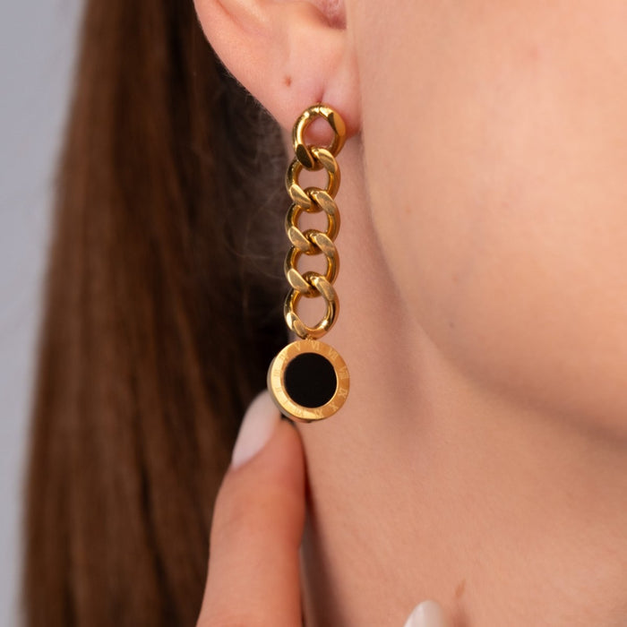 Women's Stainless Steel 18K Gold-Plated Earrings – Glamour Chain with Onyx Stone – Meiva earrings view 5