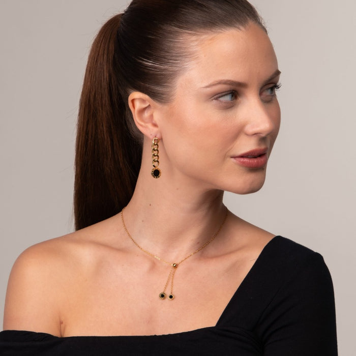 Women's Stainless Steel 18K Gold-Plated Earrings – Glamour Chain with Onyx Stone – Meiva earrings view 6