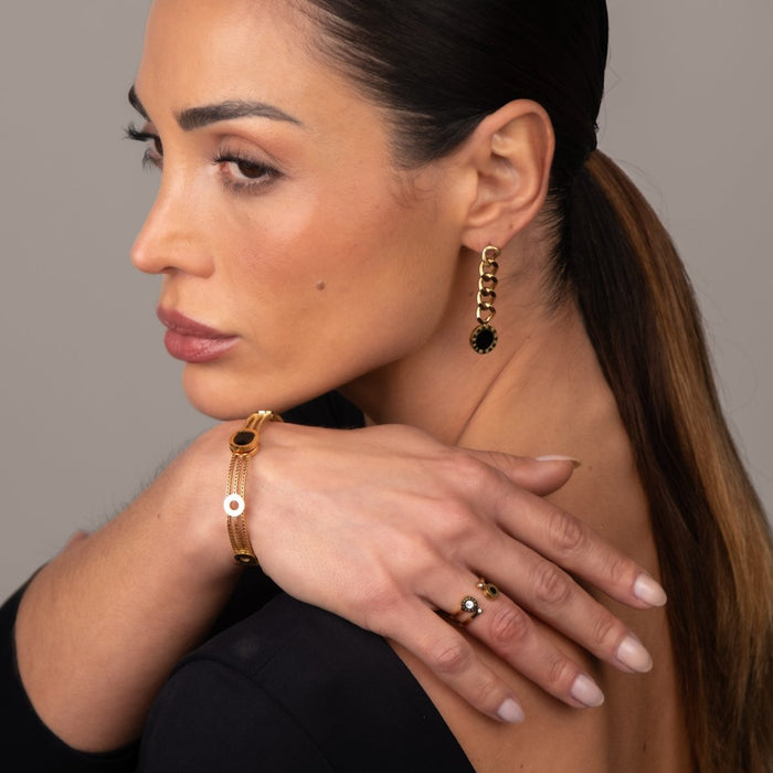 Women's Stainless Steel 18K Gold-Plated Earrings – Glamour Chain with Onyx Stone – Meiva earrings view 7