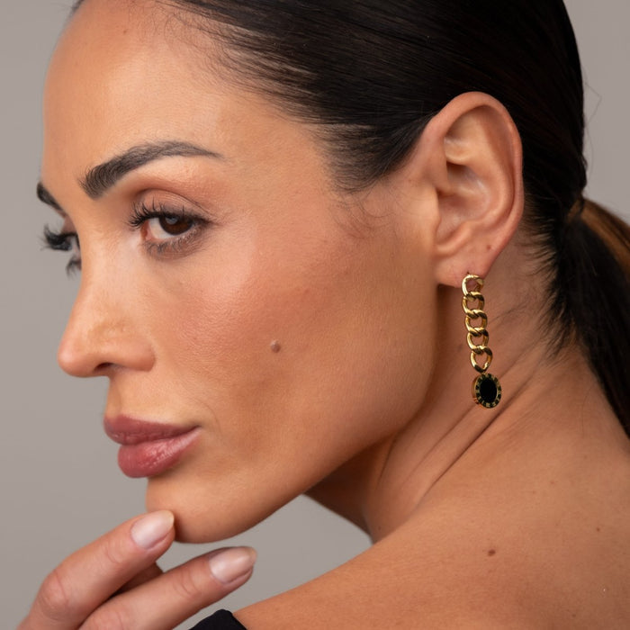 Women's Stainless Steel 18K Gold-Plated Earrings – Glamour Chain with Onyx Stone – Meiva earrings view 8