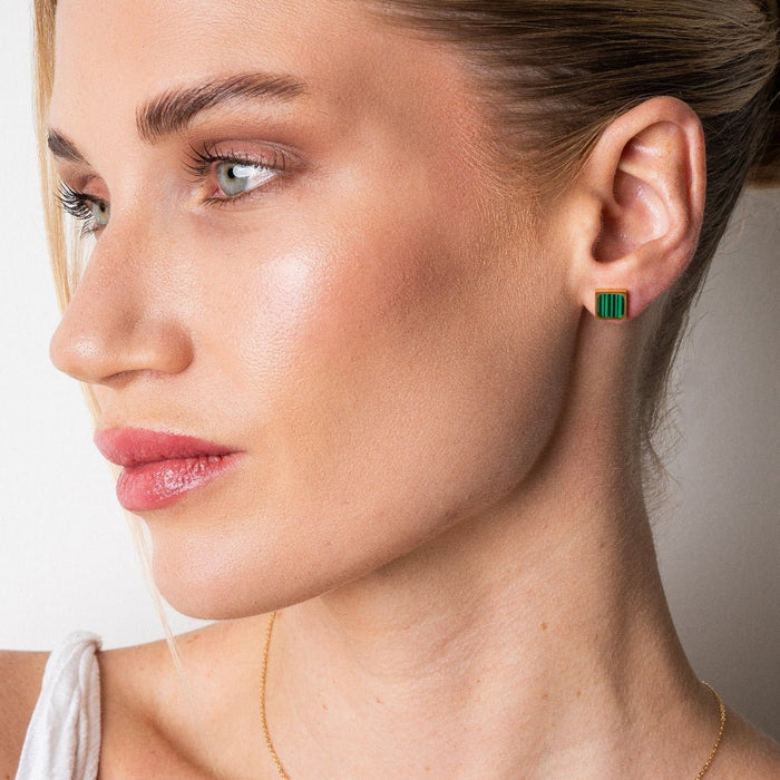 Women's Stainless Steel 18K Gold-Plated Earrings – Green Stone Geometric Earring – Meiva earrings view 2