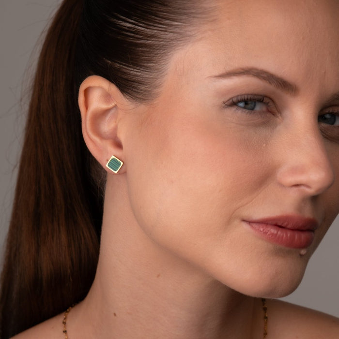 Women's Stainless Steel 18K Gold-Plated Earrings – Green Stone Geometric Earring – Meiva earrings view 4