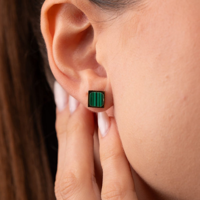 Women's Stainless Steel 18K Gold-Plated Earrings – Green Stone Geometric Earring – Meiva earrings view 5